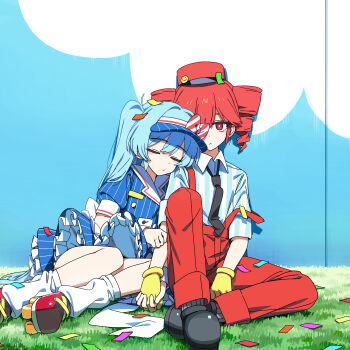 2girls absurdres black_necktie black_shoes blue_dress blue_hair channel_(caststation) closed_eyes collared_shirt confetti dress drill_hair gloves hat hatsune_miku highres holding_hands kasane_teto long_hair looking_at_viewer loose_socks mesmerizer_(vocaloid) multiple_girls necktie on_grass one_eye_covered pants puffy_short_sleeves puffy_sleeves red_eyes red_hair red_hat red_pants roller_skates shirt shoes short_sleeves sitting skates sleeping sleeping_on_person sleeping_upright socks striped_clothes striped_dress striped_shirt suspenders twin_drills twintails utau vertical-striped_clothes vertical-striped_dress vertical-striped_shirt visor_cap vocaloid white_socks white_wrist_cuffs wrist_cuffs yellow_gloves