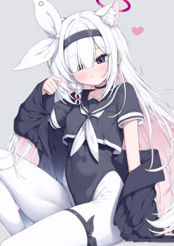1girl alternate_costume animal_ear_fluff animal_ears bad_id bad_pixiv_id black_choker black_hairband black_jacket black_leotard black_shirt blue_archive blush breasts cat_ears cat_girl choker closed_mouth colored_inner_hair commentary hair_over_one_eye hair_ribbon hairband highleg highleg_leotard highres jacket leotard long_hair looking_at_viewer metaljelly multicolored_hair pantyhose pink_hair plana_(blue_archive) ribbon shirt sidelocks small_breasts solo symbol-only_commentary thigh_strap two-tone_hair white_hair white_pantyhose white_ribbon