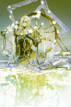 Rule 34 | 1girl, bare shoulders, barefoot, black dress, blindfold, cellophane (yrsnswli242801), commentary request, covered eyes, dress, facing viewer, flower, full body, green background, grey hair, hand up, highres, long dress, off-shoulder dress, off shoulder, picture frame, reflection, reflective liquid, reverse:1999, shallow water, sitting, sitting on water, solo, spinning wheel, string, too many flowers, urd (reverse:1999), water, white flower, yokozuwari