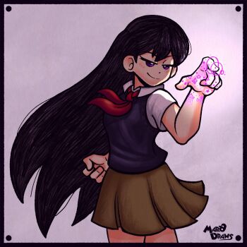 1girl artist_name black_eyes black_hair black_sweater_vest blush brown_skirt closed_mouth collared_shirt commentary commission double-parted_bangs english_commentary hair_between_eyes highres long_hair mari_(faraway)_(omori) mari_(omori) marodraws omori pleated_skirt shirt short_sleeves skirt smile solo split_mouth sweater_vest white_shirt