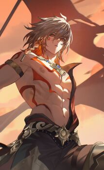 1boy abs absurdres arm_tattoo armlet bare_pectorals black_coat black_pants blonde_hair braid chest_tattoo coat earrings facial_tattoo gold_earrings gold_necklace gradient_hair hashtag-only_commentary highres honkai:_star_rail honkai_(series) jewelry kiraandfriends leg_armor male_focus medium_hair multicolored_hair mydei_(honkai:_star_rail) necklace open_clothes open_coat pants parted_lips pectorals red_hair red_tattoo side_braid solo tattoo thigh_strap toned toned_male yellow_eyes