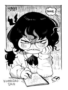 1girl artist_name black_hair character_name commentary english_text frown glasses highres kumagai-san_(rariatto) looking_at_viewer monochrome original rariatto_(ganguri) solo speech_bubble symbol-only_commentary