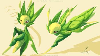 1other :> antennae arthropod_limbs bright_pupils colored_skin full_body furry gen_5_pokemon green_skin highres leavanny looking_at_viewer multicolored_skin multiple_views nintendo one_eye_closed pokemon pokemon_(creature) red_eyes simple_background smile solo standing thatonehaxorus white_pupils yellow_background yellow_skin