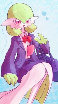 bag blue_background blue_jacket blue_skirt bob_cut colored_skin dress gardevoir gen_3_pokemon green_hair green_skin highres jacket multicolored_skin nintendo pink_eyes pokemon pokemon_(creature) school_bag school_uniform sitting skirt smile two-tone_skin white_dress white_skin yuri_(fl0werspace)
