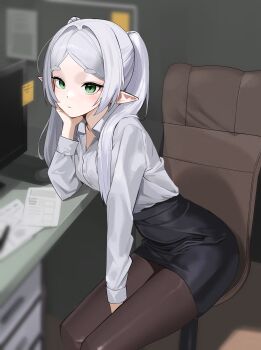 1girl absurdres alternate_costume black_pantyhose black_skirt breasts chair commentary_request elf frieren green_eyes highres indoors korean_commentary long_hair office_lady official_alternate_costume on_chair pantyhose pencil_skirt pointy_ears seueo shirt skirt small_breasts solo sousou_no_frieren twintails very_long_hair white_hair white_shirt