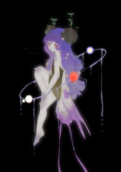 1girl absurdres artist_name bare_arms bare_legs bare_shoulders barefoot black_background brown_dress brown_horns butterfly_wings closed_mouth commentary dated dress dripping english_commentary flower folded_wings from_side glowing hair_flower hair_ornament hand_on_own_knee highres horns insect_wings knee_up long_hair looking_at_viewer looking_to_the_side original plant purple_eyes purple_hair purple_wings shieriru short_dress simple_background solo strapless strapless_dress very_long_hair wings