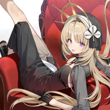 1girl adcd black_dress black_shoes blonde_hair breasts chair cleavage commentary dress eyes_visible_through_hair foot_out_of_frame gloves hair_intakes half_gloves highres long_hair looking_at_viewer medium_dress nova_(abcd) on_chair open_mouth original purple_eyes reclining shoes solo teeth three-quarter_sleeves upper_teeth_only white_background