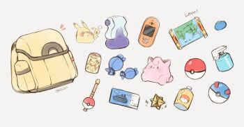 Rule 34 | artist name, artist request, awakening, bag, berry (pokemon), clefairy, gen 1 pokemon, great ball, kanto map, lemonade, map, max repel, max revive, nintendo, no humans, oran berry, pikachu, poke ball, poke flute, pokemon, potion (pokemon), rare candy, ship, ticket, watercraft, white background, yellow bag