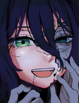 1girl blue_hair broken_mask bruise bruise_on_face chainsaw_man commentary cracked_kawaii_mask cracked_skin derivative_work dirty dirty_face english_commentary green_eyes hair_between_eyes hand_on_own_face highres injury mask medium_hair miovartz open_mouth reze&#039;s_eye_twitch_(chainsaw_man) reze_(chainsaw_man) smile solo upper_body