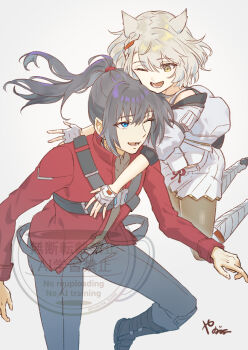 1boy 1girl animal_ears black_hair blue_eyes cat_ears cat_girl commentary_request fingerless_gloves gloves happy high_ponytail highres hug jacket mio_(xenoblade) noah_(xenoblade) one_eye_closed open_mouth pantyhose ponytail red_jacket simple_background smile watermark white_background white_gloves white_hair white_jacket xenoblade_chronicles_(series) xenoblade_chronicles_3 yanagimachi yellow_eyes