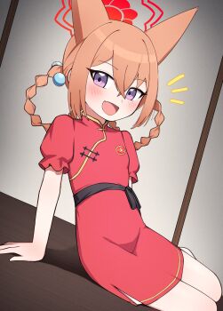 1girl aged_down animal_ears arm_support black_sash blue_archive blush braid braided_hair_rings breasts brown_hair china_dress chinese_clothes crossed_bangs dress extra_ears fang fox_ears fox_girl fusuma hair_between_eyes hair_bobbles hair_ornament hair_rings halo highres kenken_(keuken) looking_at_viewer on_floor open_mouth puffy_short_sleeves puffy_sleeves purple_eyes red_dress red_halo rumi_(blue_archive) rumi_(small)_(blue_archive) sash short_sleeves sitting skin_fang sliding_doors small_breasts smile solo turtleneck turtleneck_dress yokozuwari