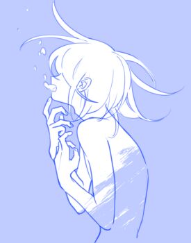 1boy air_bubble asphyxiation blue_background blue_theme bubble cheru_(sinkai_ringo) commentary danganronpa_(series) danganronpa_v3:_killing_harmony drowning flipped_hair floating_hair from_side hair_between_eyes male_focus medium_hair nude oma_kokichi open_mouth profile sad short_hair simple_background sketch solo underwater upper_body