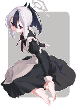 1girl absurdres alternate_costume apron barefoot black_dress black_hair blue_archive border bright_pupils brown_ribbon commentary_request demon_girl demon_horns demon_wings dress dutch_angle enmaided feet full_body grey_background grey_halo hair_between_eyes halo highres horns juliet_sleeves kayoko_(blue_archive) kisaka long_sleeves looking_at_viewer low_wings maid maid_apron multicolored_hair neck_ribbon outline outside_border ponytail puffy_sleeves red_eyes ribbon rounded_corners sidelocks simple_background single_wing slit_pupils soles solo toes two-tone_hair white_apron white_border white_hair white_outline white_pupils wings