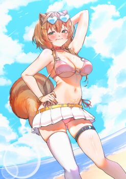 1girl absurdres animal_ear_fluff animal_ears arm_behind_head arm_up ayunda_risu bangle bare_arms bare_shoulders beach belt belt_collar bikini blue-tinted_eyewear blue_sky blush bracelet breasts brown_hair cleavage cloud collar collarbone commentary commission day embarrassed english_commentary eyewear_on_head green_eyes hair_between_eyes hair_ornament hairclip hand_on_own_hip heart heart-shaped_eyewear heart_belt_buckle highres hololive hololive_indonesia jewelry kghazir large_breasts lens_flare long_hair looking_at_viewer microskirt navel o-ring o-ring_bikini outdoors pink_bikini pink_collar pleated_skirt single_bare_leg single_thighhigh skindentation skirt sky solo squirrel_ears squirrel_girl squirrel_tail stomach sunglasses swimsuit tail thigh_strap thighhighs tinted_eyewear vgen_commission virtual_youtuber wavy_mouth white_skirt white_thighhighs yellow_belt