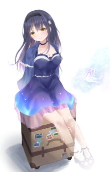 Rule 34 | 1girl, arms behind back, black choker, black hair, black hairband, black shoes, blue capelet, blue dress, blush, bone hair ornament, breasts, bug, butterfly, capelet, choker, cleavage, closed mouth, collarbone, commentary request, dress, frilled capelet, frills, full body, ghost girl, glowing butterfly, hair ornament, hairband, insect, kushima kamome, light smile, long hair, long sleeves, looking at viewer, medium breasts, mickeysmith, on suitcase, semi-transparent, shoes, simple background, sitting, skull and crossbones, skull hair ornament, solo, suitcase, summer pockets, white background