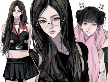 1girl aegyo_sal arms_behind_back asian black_eyes black_hair black_shirt black_shorts black_skirt brown_hair coat commentary crop_top double_bun glasses hair_bun hashtag-only_commentary highres jewelry k-pop lee_q_p lips long_hair looking_at_viewer midriff mole mole_on_nose multiple_views navel necklace nmixx parted_bangs pink_scarf real_life scarf shirt shorts simple_background skirt sleeveless sleeveless_shirt sullyoon_(nmixx) symbol-only_commentary white_background yellow_coat
