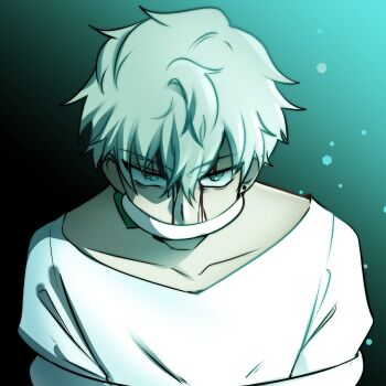 1boy alien_stage aqua_background blood blood_from_forehead blood_on_face blue_eyes choppy_bangs cloth_gag collarbone commentary earrings english_commentary gag gagged gradient_background grey_hair hair_between_eyes highres improvised_gag jewelry looking_at_viewer male_focus restrained ryuuxin shirt short_hair single_earring solo straight-on stud_earrings till_(alien_stage) tsurime upper_body white_shirt