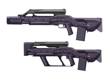 assault_rifle asterozoa bullpup carbine commentary english_commentary gun long_gun magazine_(weapon) no_humans original rifle science_fiction simple_background starship_troopers trigger weapon weapon_focus white_background