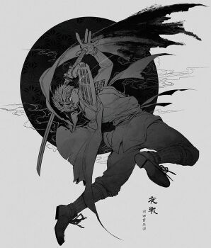 1boy commentary_request cross-laced_shoes doudanuki_masakuni full_body greyscale holding holding_sword holding_weapon ichino_(1no) japanese_clothes kimono long_sleeves male_focus monochrome pants shoes short_hair solo sword touken_ranbu weapon wide_sleeves