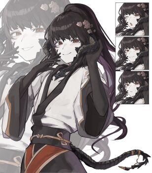 Rule 34 | 1other, au ra, black hair, black horns, black scales, black tail, commission, commissioner upload, dragon horns, final fantasy, final fantasy xiv, flower, gloves, hair flower, hair ornament, high ponytail, highres, horns, izumi tol amulius, japanese clothes, kimono, long hair, open mouth, ponytail, scales, skeb commission, smile, warrior of light (ff14), yukata, yuma-zusuki