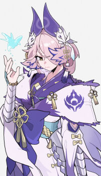 1girl arknights bird_girl bug butterfly chinese_commentary closed_mouth commentary_request feather_hair hair_over_one_eye hand_up highres insect japanese_clothes long_sleeves looking_at_viewer minamit monster_hunter_(series) one_eye_covered orchid_(arknights) short_hair simple_background smile solo tassel upper_body violet_mizutsune_orchid_(arknights) white_background yellow_eyes