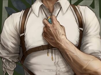 Rule 34 | 1boy, adjusting clothes, amputee, artist name, bolo tie, close-up, collared shirt, commentary, erwin smith, head out of frame, highres, lewiathans, male focus, shingeki no kyojin, shirt, sleeves rolled up, solo, veins, veiny arms, white shirt