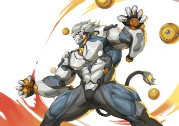 Rule 34 | 1boy, absurdres, ball, banyue (zenless zone zero), bara, claws, commentary request, grey hair, highres, holding, holding ball, korean commentary, long hair, looking at another, male focus, multicolored hair, muscular, muscular male, no pants, orb, robot boy, tail, topless male, traver009, white hair, zenless zone zero