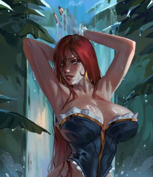 1girl blue_eyes breasts corset freckles large_breasts league_of_legends long_hair misa_mi miss_fortune_(league_of_legends) red_hair