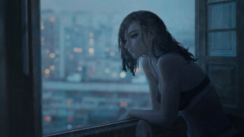 1girl black_bra black_hair blurry blurry_background bra city closed_mouth commentary depth_of_field english_commentary expressionless fangda film_grain from_side highres indoors leaning_forward medium_hair navel open_window original panties photorealistic realistic solo standing stomach underwear underwear_only upper_body urban window