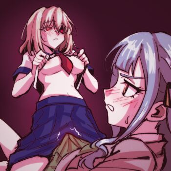 2girls bang_dream! bang_dream!_it's_mygo!!!!! between_breasts black_ribbon blazer blue_hair blue_skirt blush bob_cut breasts brown_eyes bulge chinese_commentary closed_mouth clothes_lift commentary_request cowgirl_position curly_sidelocks erection erection_under_clothes frown futa_with_female futanari green_skirt grey_jacket hair_ribbon hands_up haneoka_school_uniform heart heart-shaped_pupils highres jacket lifting_own_clothes long_hair long_sidelocks looking_ahead looking_at_another lying medium_breasts miniskirt misumi_uika multiple_girls navel necktie necktie_between_breasts nipples no_bra nose_blush partially_shaded_face pleated_skirt profile red_necktie red_pupils ribbon sailor_collar sailor_shirt school_uniform serafuku shirt shirt_lift short_hair short_sleeves sidelocks sideways_mouth simple_background skirt straddling sweatdrop symbol-shaped_pupils togawa_sakiko twitching v-shaped_eyebrows white_shirt winter_uniform yayagary_0304