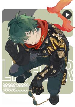1boy animal_print black_boots black_gloves black_jacket black_pants boots closed_mouth commentary_request elbow_on_knee full_body gloves green_eyes green_hair hair_between_eyes highres holding holding_removed_eyewear invisible_chair jacket kneeling lapels leather leather_jacket lighter_(zenless_zone_zero) looking_ahead male_focus mumu_vosp notched_lapels pants parted_bangs pouch red_scarf scarf short_hair sitting solo spiked_jacket sunglasses thigh_pouch tiger_print unworn_eyewear yellow-framed_eyewear zenless_zone_zero zipper