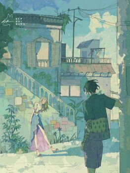 1boy 1girl arm_tattoo black_hair blush brown_hair building closed_eyes curtains happy highres house jacket lang_ji long_hair long_skirt open_mouth open_window original outdoors shirt shoes short_hair short_sleeves skirt stairs standing tattoo two-sided_fabric utility_pole white_shirt window