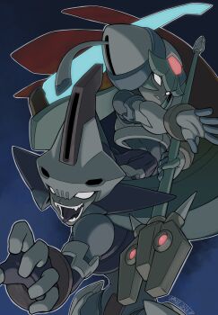 1boy 1girl armor blue_background brother_and_sister empty_eyes energy_blade fangs forehead_jewel glowing helmet highres holding holding_scythe holding_staff long_hair mega_man_(series) mega_man_zx model_w_(mega_man) open_mouth pandora_(mega_man) parted_lips prometheus_(mega_man) purple_armor purple_helmet scythe siblings simple_background skull-shaped_hat staff tomycase tongue tongue_out white_armor white_helmet