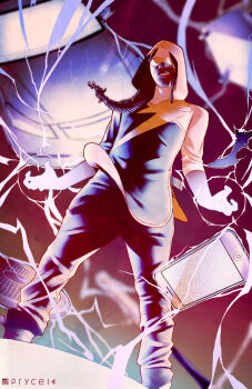 1boy black_hair car dark_skin dc_comics dreadlocks electricity goggles highres hood jamal_campbell male_focus manhole_cover motor_vehicle phone solo static_shock virgil_ovid_hawkins