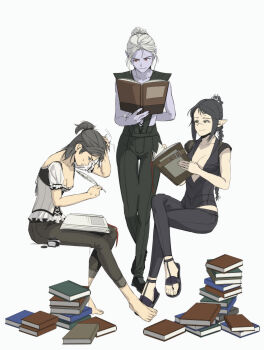 3girls absurdres arm_behind_back baldur&#039;s_gate baldur&#039;s_gate_3 barefoot black_hair black_pants book book_stack braid braided_ponytail breasts cleavage colored_skin crossed_legs dungeons_&amp;_dragons dungeons_&amp;_dragons elf full_body grey_skin hair_bun hand_on_own_head highres holding holding_book holding_quill invisible_chair l_maria_427 long_hair minthara multiple_girls pants pointy_ears quill reading red_eyes sandals shadowheart_(baldur&#039;s_gate) single_braid single_hair_bun sitting studying tav_(baldur&#039;s_gate) white_background white_hair