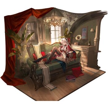 1girl biting biting_glove black_boots black_gloves black_thighhighs book boots bottle bow breasts carlotta_(wuthering_waves) chandelier couch detached_sleeves dress full_body gloves gun hair_bow hairband handgun high_heels highres holding holding_gun holding_weapon indoors long_hair official_art on_couch phonograph plant potted_plant sitting solo thigh_boots thighhighs thighs transparent_background very_long_hair weapon white_dress white_hair window wuthering_waves