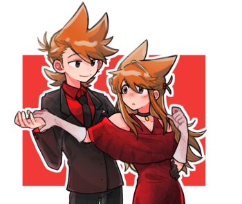 1boy 1girl alternate_costume animification black_necktie black_suit blush border brown_eyes brown_hair buwangchuxingaoyixin chinese_commentary choker commentary_request couple dancing dress dual_persona eddsworld formal_clothes genderswap genderswap_(mtf) gloves hair_ears hetero long_hair necktie red_background red_dress red_shirt selfcest shirt short_hair simple_background smile standing suit tord_(eddsworld) tori_(eddsworld) variant_set white_border white_gloves