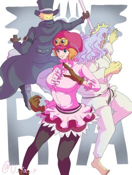 Rule 34 | 1girl, 2boys, back, barefoot, black coat, black pantyhose, blonde hair, blue eyes, brown gloves, coat, commentary request, gloves, goggles, goggles on headwear, hack (one piece), hat, highres, koala (one piece), long hair, looking at viewer, multiple boys, one piece, pantyhose, pink shirt, purple hat, sabo (one piece), shirt, short hair, skirt, smile, twitter username, u ta p, white hair