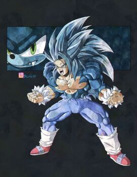 absurdres alternate_form beatlo_(rodrigo38658978) black_background blue_fur blue_hair clenched_hand dragon_ball dragon_ball_daima fangs fingernails full_body furry_and_humanization green_eyes highres humanization instagram_username leg_warmers looking_at_viewer muscular muscular_male open_mouth sharp_fingernails shoes sonic_(series) sonic_the_hedgehog sonic_the_werehog spiked_hair spiked_shoes spikes topless_male v-shaped_eyebrows