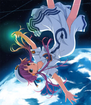 00s 1girl anime_coloring aria_(manga) beret blouse bow dress earth_(planet) falling female_focus gem green_eyes hat long_hair mizunashi_akari open_mouth pink_hair planet ribbon shirt short_hair_with_long_locks solo space twintails white_shirt yakka