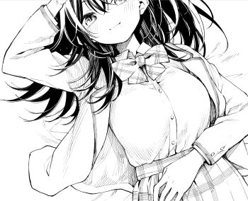 1girl arm_up blazer bow bowtie closed_mouth commentary_request greyscale hand_on_own_stomach highres jacket long_hair long_sleeves looking_at_viewer lying marcey monochrome on_back open_clothes open_jacket original pleated_skirt school_uniform shirt shirt_tucked_in skirt smile solo