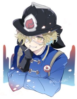 1boy bandage_over_one_eye black_gloves blonde_hair blue_jacket cropped_torso eric_knikki firefighter firefighter_helmet firefighter_jacket florian_brand gloves grin head_on_hand identity_v jacket light_blush light_particles lollipop_in_mouth looking_ahead male_focus smile solo twitter_username wavy_hair yellow_eyes
