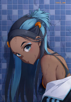 1girl absurdres black_hair blue_eyeshadow blue_hair commentary dark-skinned_female dark_skin eyelashes eyeshadow from_side hair_behind_ear highres jacket looking_to_the_side makeup multicolored_hair nessa_(pokemon) nintendo obi3 off_shoulder parted_lips pokemon pokemon_swsh solo swimsuit tile_wall tiles twitter_username two-tone_hair upper_body watermark