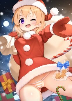 1girl breasts candy candy_cane cedar_(cedar_japonica) christmas commentary_request dress food gift gochuumon_wa_usagi_desu_ka? hat holding holding_sack hoto_cocoa large_breasts one_eye_closed open_mouth paid_reward_available panties pom_pom_(clothes) purple_eyes sack santa_costume santa_hat smile solo striped_clothes striped_panties underwear variant_set
