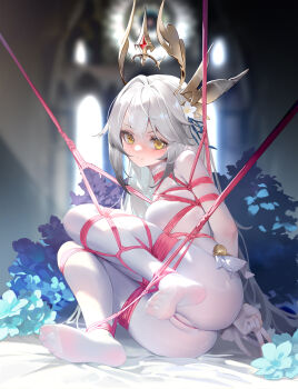 Rule 34 | 1girl, absurdres, arms behind back, bdsm, bed sheet, bilingual commentary, blue flower, blue ribbon, blurry, blurry background, blush, bodysuit, bondage, bound, bound ankles, bound arms, bound legs, bound thighs, bound torso, breasts, chinese commentary, closed mouth, commentary, commentary request, commission, double-parted bangs, double v, english commentary, feet, floating headgear, flower, flowerscur, hair between eyes, hair flower, hair ornament, hair ribbon, headgear, highres, indoors, long hair, looking at viewer, medium breasts, mixed-language commentary, no shoes, original, pixiv commission, red rope, ribbon, rope, shibari, shibari over clothes, skindentation, smile, soles, solo, toes, v, variant set, very long hair, white bodysuit, white flower, yellow eyes