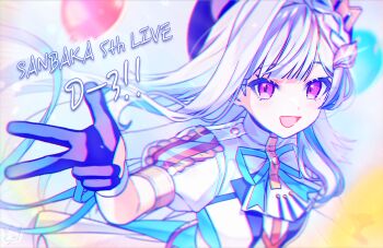 1girl :d blue_ribbon blurry blurry_background blush braid chromatic_aberration commentary_request contrast_lapels english_text finger_counting floating_hair glint gloves hair_ornament half_gloves hand_up hat heavy_chromatic_aberration idol_clothes jacket lapels lize_helesta long_hair looking_at_viewer neck_ribbon nijisanji nurumi_p open_mouth puffy_short_sleeves puffy_sleeves purple_eyes purple_gloves ribbon sanbaka_anniversary_outfit short_sleeves signature smile solo upper_body very_long_hair virtual_youtuber white_hair white_jacket wrist_ribbon