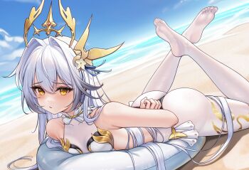 1girl arms_behind_back ass bare_shoulders beach blush breasts character_request cloud cloudy_sky collar copyright_request crown flan_ling frilled_collar frills grey_hair heattech_leotard highres inflatable_toy leotard long_hair looking_at_viewer lying ocean on_stomach pantyhose restrained sky small_breasts turtleneck very_long_hair white_leotard white_pantyhose yellow_eyes