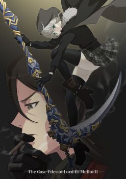 1boy 1girl absurdres black_cape black_gloves black_hair black_shirt black_thighhighs boots brown_boots cape cigarette clothes_lift commentary copyright_name eyebrows_hidden_by_hair fate_(series) floating_hair full_body fur-trimmed_cape fur_trim girugiru_(tektonics6588) gloves gray_(fate) green_eyes grey_background grey_eyes grey_hair grey_skirt hair_between_eyes hand_on_own_chin highres holding holding_scythe hood hood_up hooded_cape leaning_forward leg_up long_hair long_sleeves looking_at_viewer lord_el-melloi_ii lord_el-melloi_ii_case_files miniskirt nose open_mouth parted_lips plaid_clothes plaid_skirt pleated_skirt portrait profile scythe shirt short_hair simple_background skirt skirt_lift smoke smoking standing standing_on_one_leg thighhighs thighs v-shaped_eyebrows waver_velvet