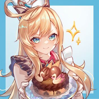 >:) 1girl absurdres ahoge apron blonde_hair blue_border blue_eyes border cake chef chef_hat escoffier_(genshin_impact) food genshin_impact hat heart heart_in_eye highres holding holding_cake holding_food long_hair looking_at_viewer plate smile sparkle symbol_in_eye v-shaped_eyebrows yuno_kaihara