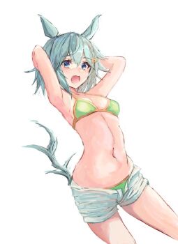 1girl animal_ears armpits arms_behind_back bikini blue_eyes blush breasts commentary_request flower green_bikini grey_hair hair_between_eyes hair_flower hair_ornament hairclip horse_ears horse_girl horse_tail looking_at_viewer navel open_mouth seiun_sky_(umamusume) short_hair shorts simple_background small_breasts solo stomach sunflower sunflower_hair_ornament swimsuit tail umamusume white_background white_shorts yanagi_wakana